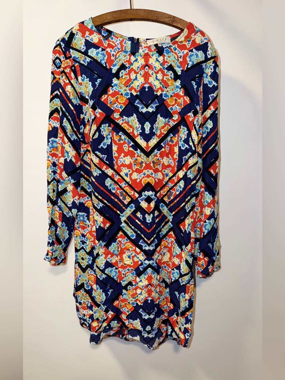 Wayf Navy, Red & Light Blue Geometric Floral Long-Sleeve Shift Dress